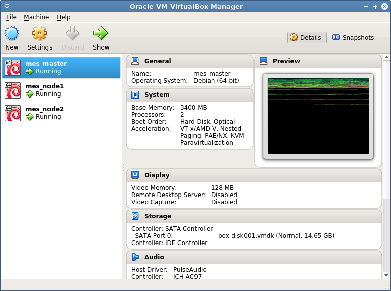 The three VMs in VirtualBox Manager